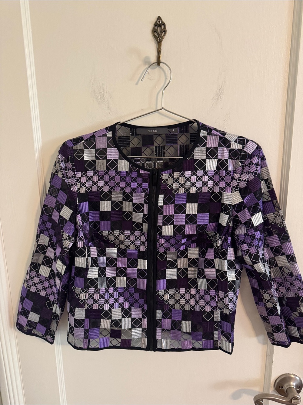 Per Se Purple Black and Silver Zip Up Geometric Design Jacket Sz 4